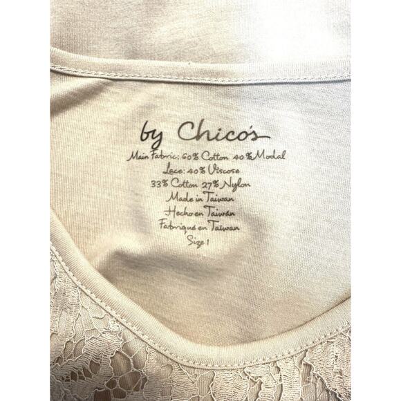 Chico's Sz 1 Misses Sz 8 Beige Long Sl. Tee w/Gold Stitched Lace Front & Sleeves - Picture 5 of 5
